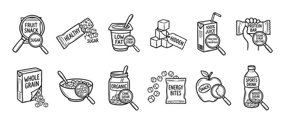 Fototapeta premium Set of hand-drawn food icons illustrating the concept of hidden sugar in seemingly healthy products like juice, yogurt, and protein bars, presented in a black and white doodle style
