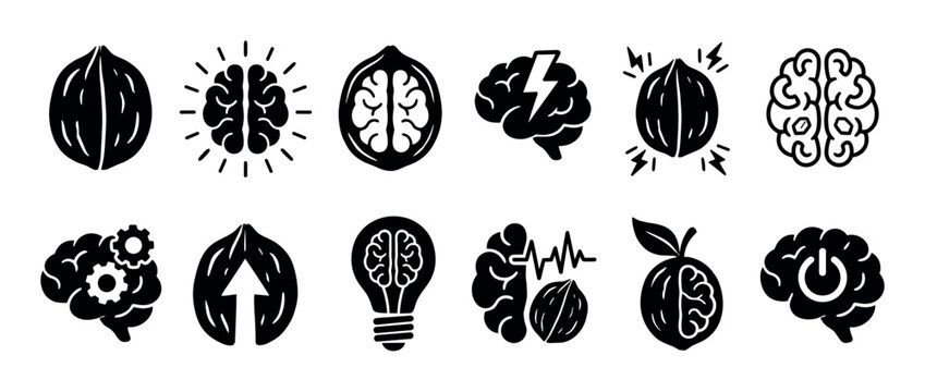 Collection of black glyph icons representing brain health, intelligence, and ideas with walnut, lightbulb, and gear symbols in a minimalist vector style set for creative concepts