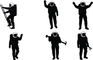 Astronaut silhouettes, space exploration poses, black and white design, helmet and suit, cosmic activity, spacewalk gestures, astronaut tools, graphic art