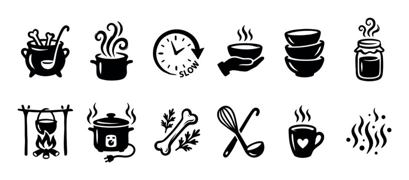 Diverse collection of black cooking icons depicting soup, broth, and slow cooking with a pot, cauldron, bones, and kitchen utensils in a simple graphic glyph style