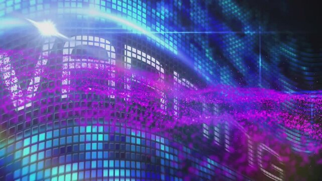 Animation of red spots moving over dancing crowd with blue flashing lights