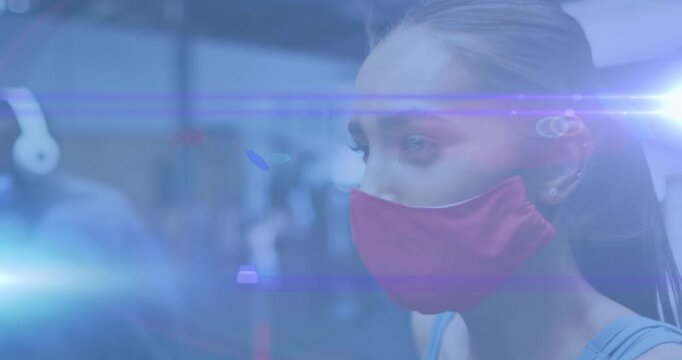 Animation of network of connections over woman wearing vr headset