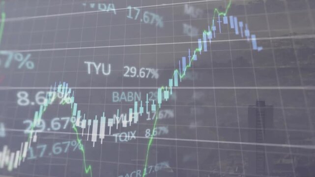 Animation of data processing with graph over cityscape