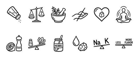 Fototapeta premium Collection of hand-drawn minimalist icons representing a low sodium diet, showing salt reduction, herb alternatives, mineral balance, and healthy lifestyle choices for heart wellness