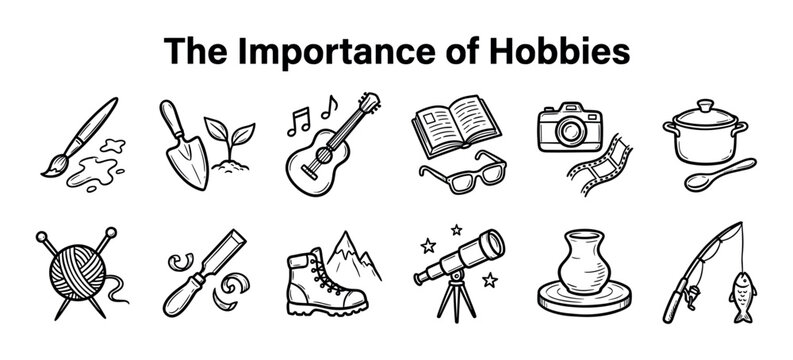 Diverse collection of hand-drawn doodle icons representing various hobbies and leisure activities, including painting, gardening, music, reading, photography, cooking, and hiking