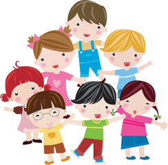 Obraz premium Cute Cartoon Diverse Group of Happy Kids Holding Hands in Circle — Cheerful Children Friends Vector Illustration on Transparent Background