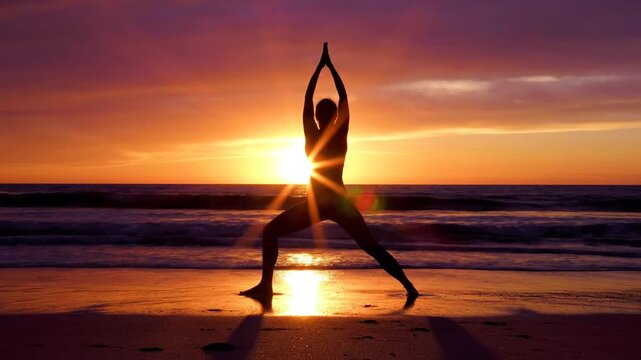 International Yoga Day with yoga silhouette on beach at sunset