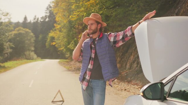 Man on road requests urgent help nearby, Individual on highway brightens with emergency call assistance needed