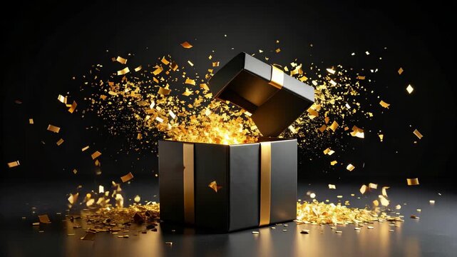 Open black luxury gift box with golden ribbons bursting with glowing confetti particles on dark background
