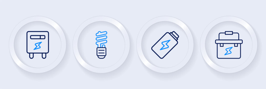 Set line Toolbox electrician, Battery charge, LED light bulb and Electric meter icon. Vector