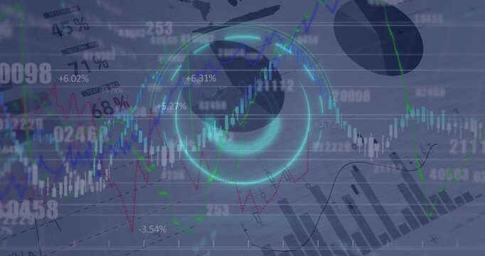 Animation of neon round shape over financial and statistical data processing against grey background