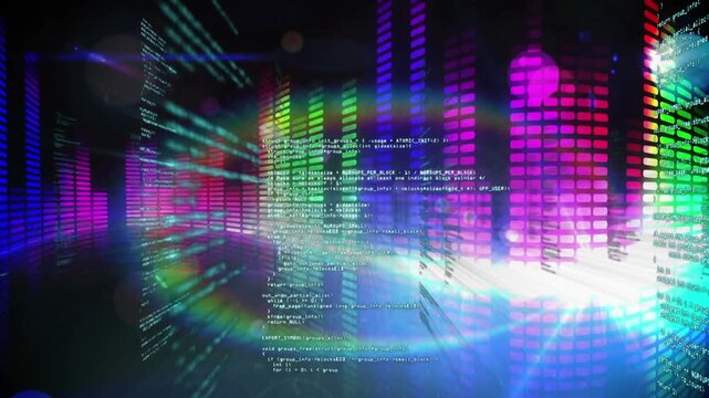 Animation of data processing and rainbow lens flare over music equalizer on black background
