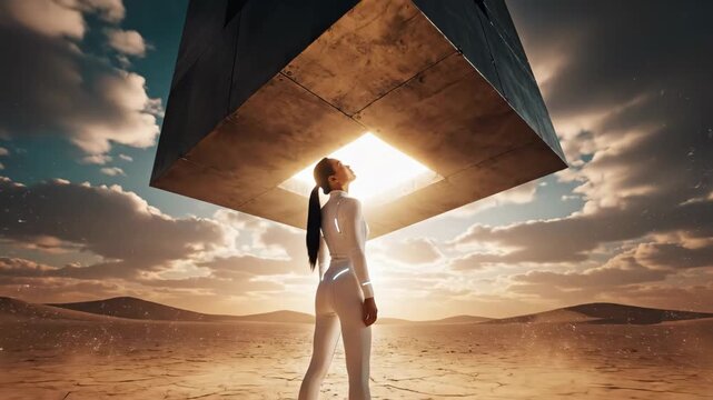 Futuristic woman encountering mysterious levitating alien structure in desert