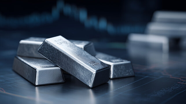 silver bars on financial stock market chart background, precious metal investment and wealth storage, shiny silver bullion with rising market data