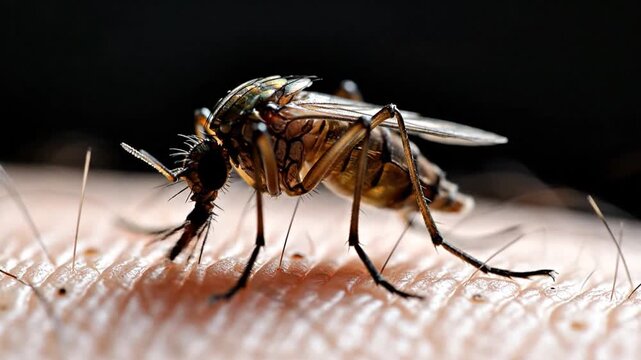 Close up mosquito on human skin preparing to bite