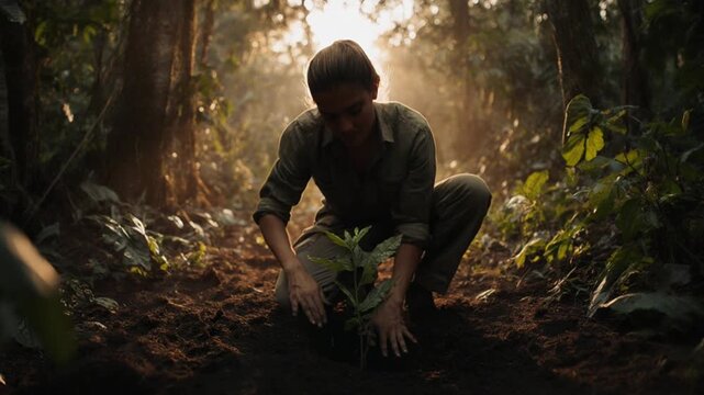 Person planting a sapling in the Amazon rainforest at sunset.