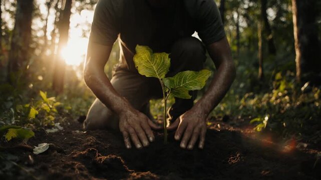 Person planting a sapling in the Amazon rainforest at sunset.