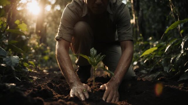 Person planting a sapling in the Amazon rainforest at sunset.