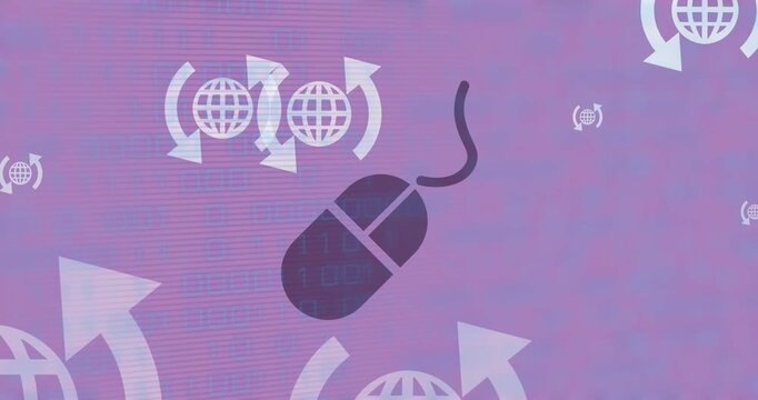 Animation of arrows around globe icons over mouse against purple background