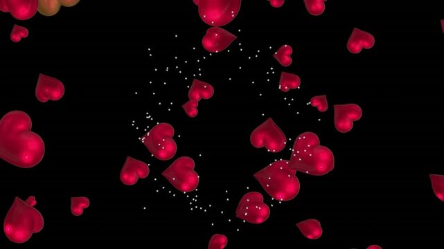 Animation of particles spinning and red heart balloons on black background