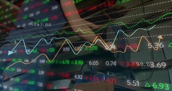 Animation of financial data processing and statistics over caucasian woman working in factory