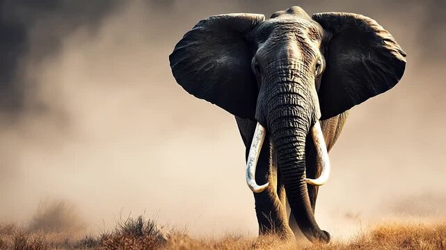 Majestic African elephant with massive tusks walking confidently through the dusty golden savanna, dramatic sunlight, spectacular wildlife.