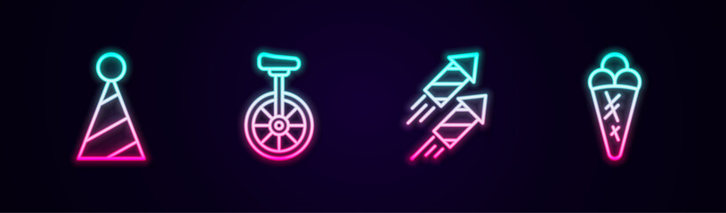 Set line Party hat, Unicycle, Firework rocket and Ice cream in waffle. Glowing neon icon. Vector © Iryna