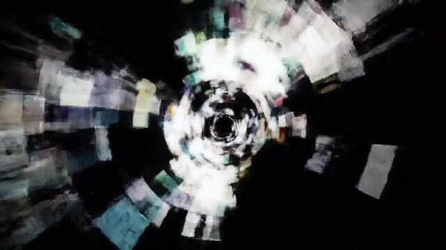 A swirling vortex of scattered papers radiates outward in darkness.