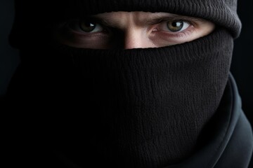 Naklejka premium Man wearing black ski mask covering face, eyes looking intensely forward