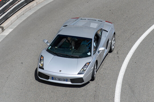 Monte Carlo, Monaco - June 1st 2019 : View on a grey Lamborghini Gallardo driving on the road in the Fairmont Hairpin.