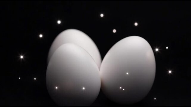 3D white eggs with sparkles on black background