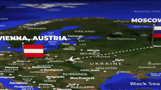 Flight From Moscow RUSSIA to Vienna AUSTRIA with flag pins