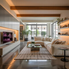 Fototapeta premium Modern Minimalist Living Room Interior with Large White Sectional Sofa and Smart TV, Luxury Home Interior Design Mockup with Warm Ambient Lighting and Contemporary Furniture Asset