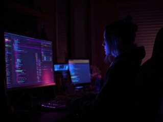 Focused programmer working late at night on complex coding project