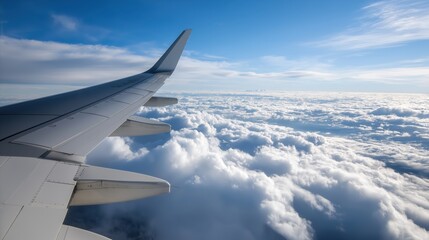 Fototapeta premium Airplane wing above clouds under blue sky during daylight 