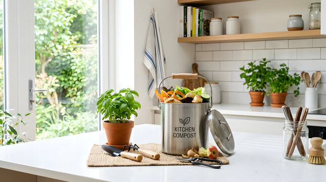 Ceramic kitchen compost bin filled with organic food scraps on a counter with indoor herbs and gardening tools for sustainable living