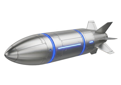 Silver torpedo with blue accents and fins isolated on transparent background