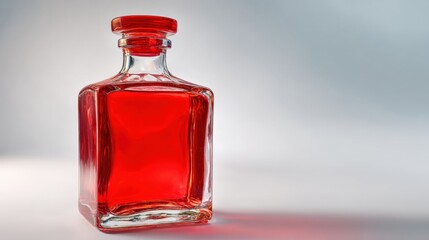 Glass decanter filled with red liquid. Elegant crystal container for alcoholic beverage on light background. Concept of luxury bar drink, spirits and home decoration accessory item.