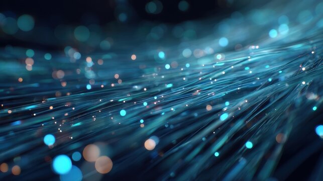 Fiber optic cables transmitting data with glowing light particles. Network connection technology with speed and flow. High speed internet infrastructure and digital communication concept.