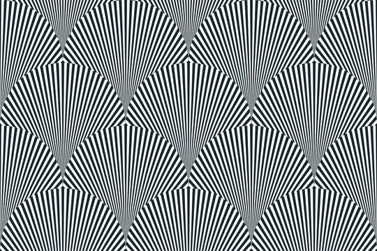 Geometric linear pattern with palm tree shapes seamless background, vector stripe lines dynamic optical illusion of motion tiling pattern, op art wallpaper.
