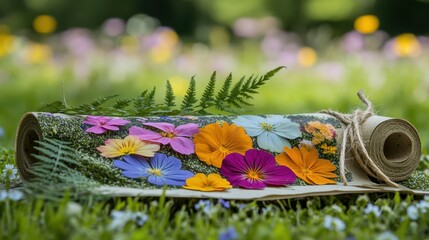 Fototapeta premium A rolled scroll of plantable wildflower seed paper adorned with colorful pressed flowers and a delicate fern in a vibrant garden setting