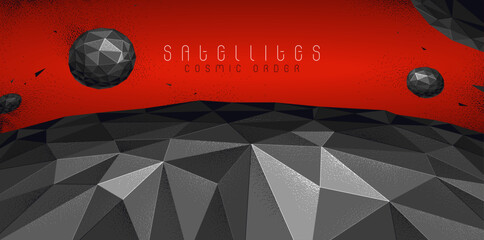 Abstract planet terrain with satellites flying around vector illustration, sci-fi space art, unknown distant planet panorama wallpaper, low poly design. © Sylverarts