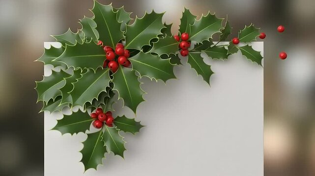 Holly berries and leaves on blank paper.