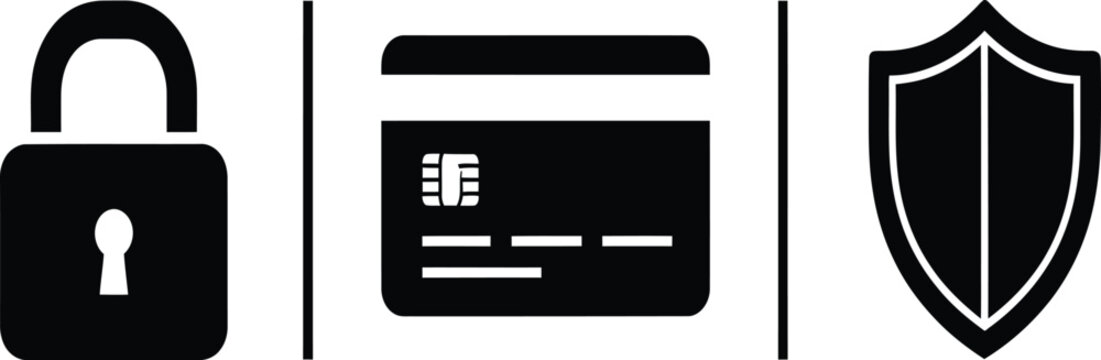 Secure Credit Card Transaction Icon: Lock, Card, Shield - Safety and Protection