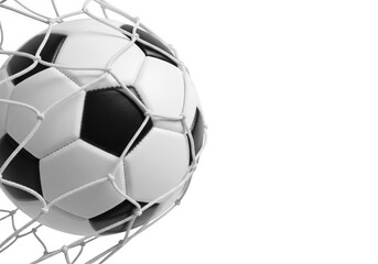 Soccer ball in goal net with white lines and black and white panels isolated on transparent background