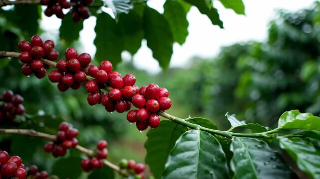 Close-up view of vibrant red ripe coffee cherries growing on a branch of a coffee plant in a lush green plantation, ready for harvest.