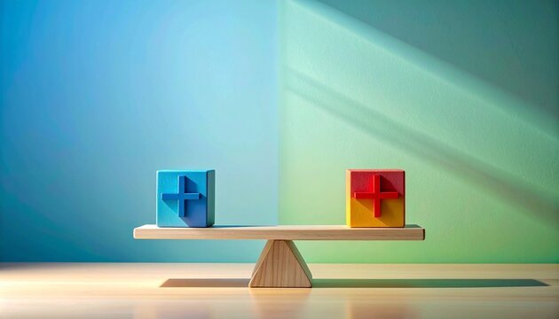 Minimalist balance concept: wooden lever on white sphere fulcrum. A glossy chocolate bunny is counterweighted by gold and white marble geometric plus and minus blocks. Bright studio lighting, long sha