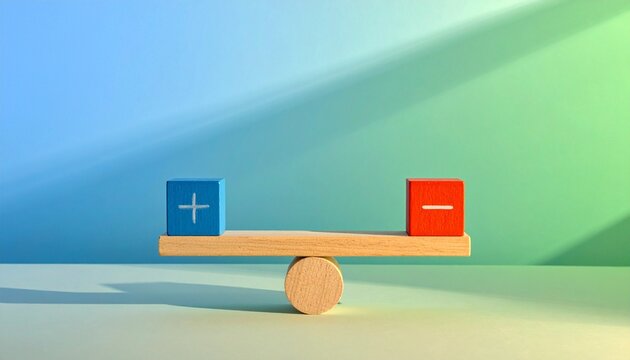 Minimalist balance concept: wooden lever on white sphere fulcrum. A glossy chocolate bunny is counterweighted by gold and white marble geometric plus and minus blocks. Bright studio lighting, long sha