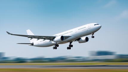 Commercial airplane taking off against clear blue sky  