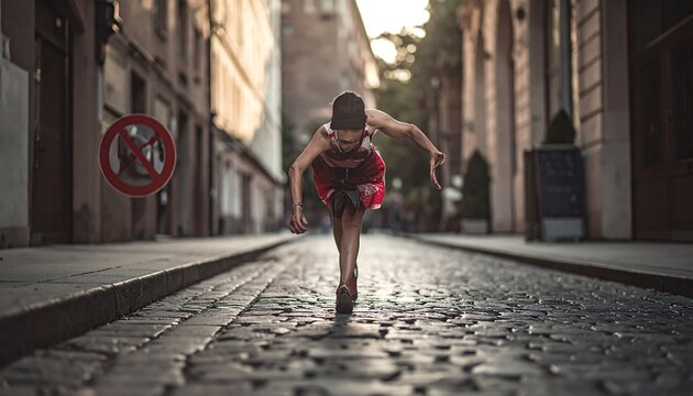 Woman in red dress, bent over, dances on cobblestone street, building views blurred in soft-focus background